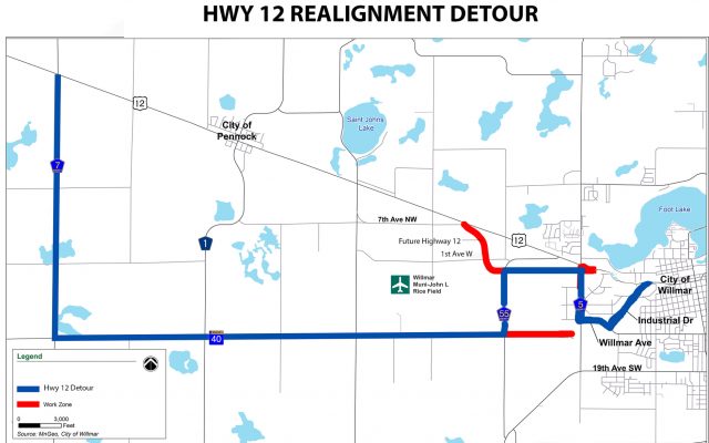 Highway 12 to be detoured starting Monday as part of Wilmar Wye project