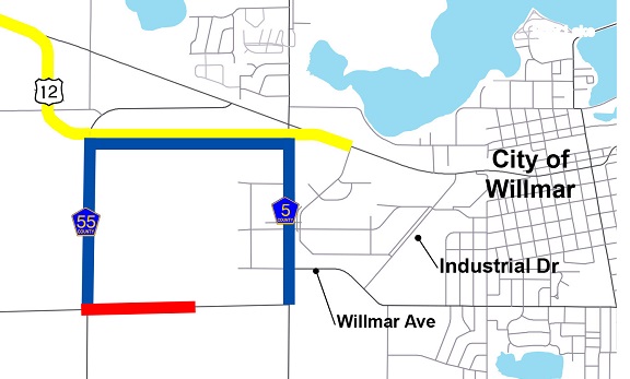 Old Hwy 12 closed May 17-28 for Willmar Wye project