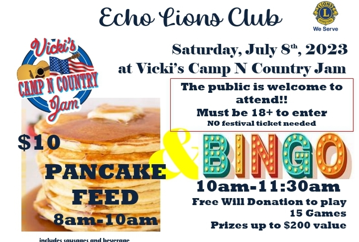 <h1 class="tribe-events-single-event-title">Echo Lions Club Pancake Feed & BINGO at Vicki’s Camp N Country Jam</h1>