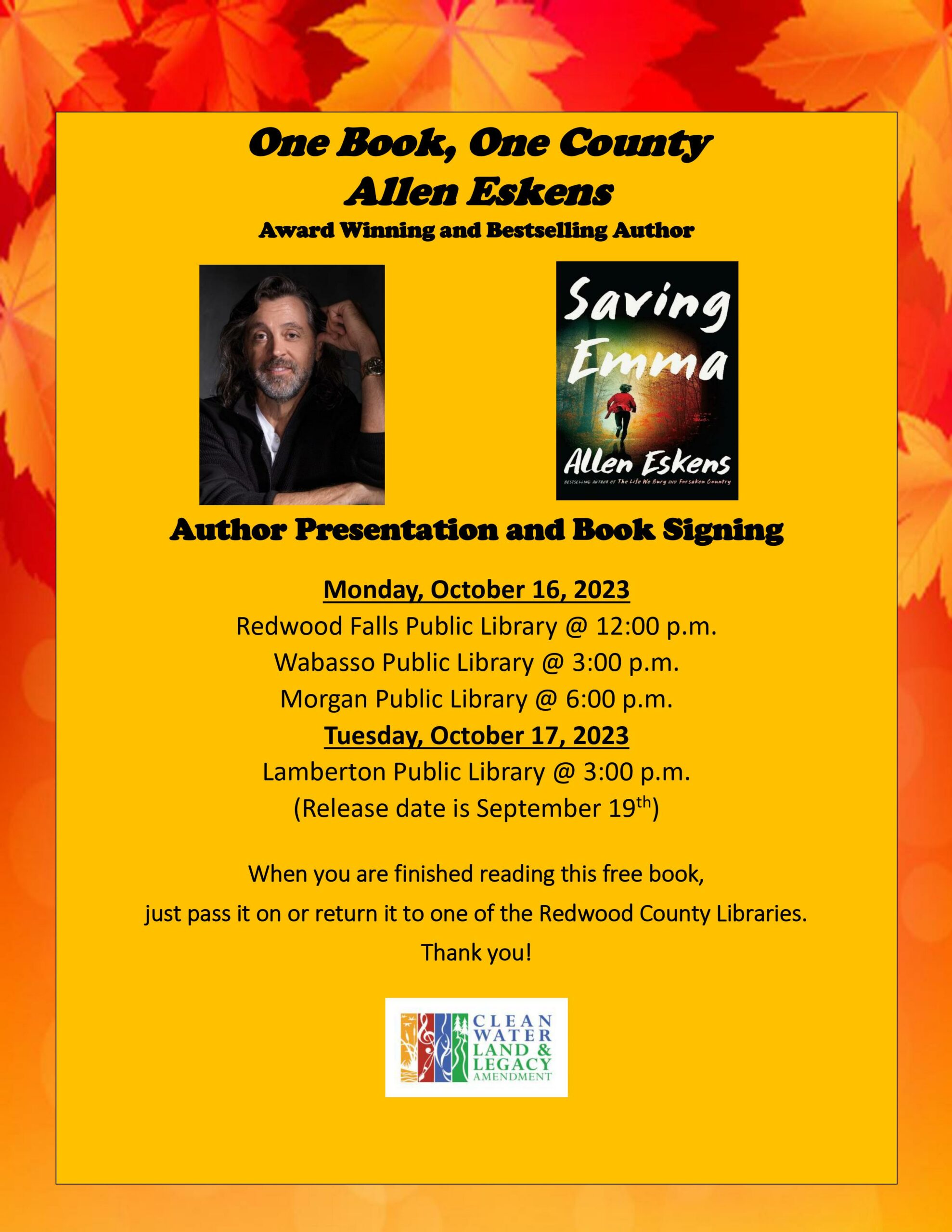 <h1 class="tribe-events-single-event-title">Allen Eskens – Author Presentation and Book Signing at Redwood Falls Library</h1>