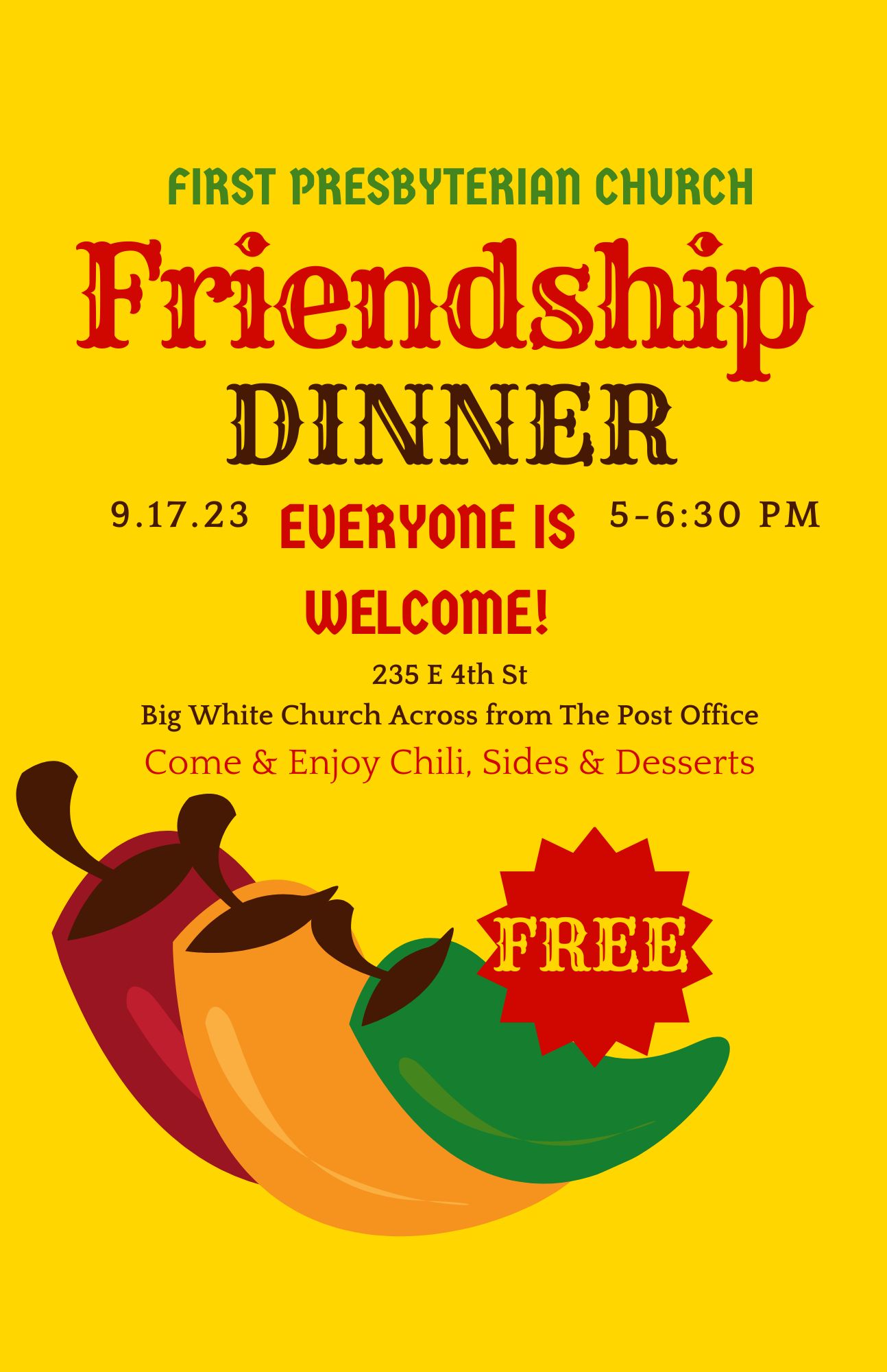 <h1 class="tribe-events-single-event-title">First Presbyterian Church Friendship Dinner</h1>