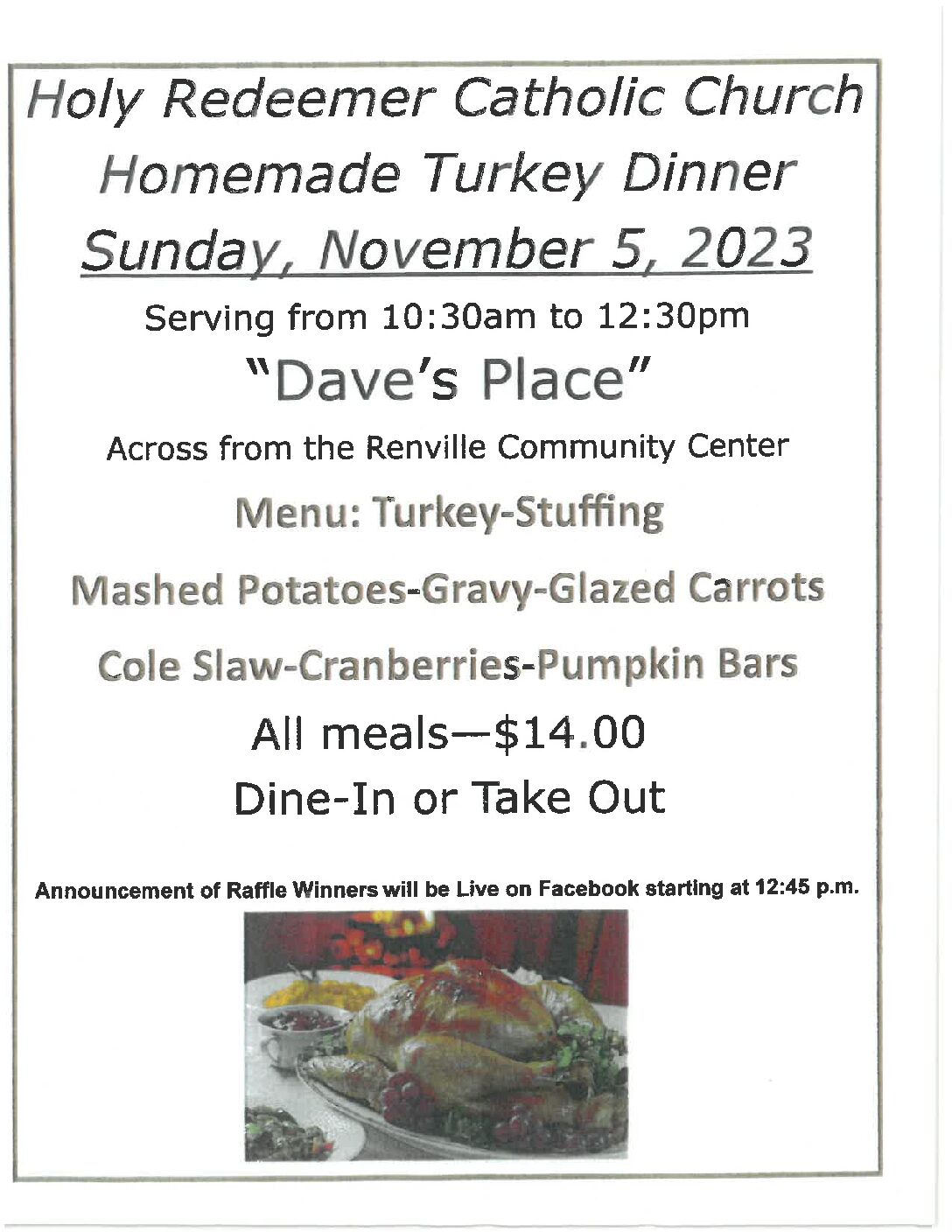 <h1 class="tribe-events-single-event-title">Holy Redeemer Catholic Church Homemade Turkey Dinner</h1>