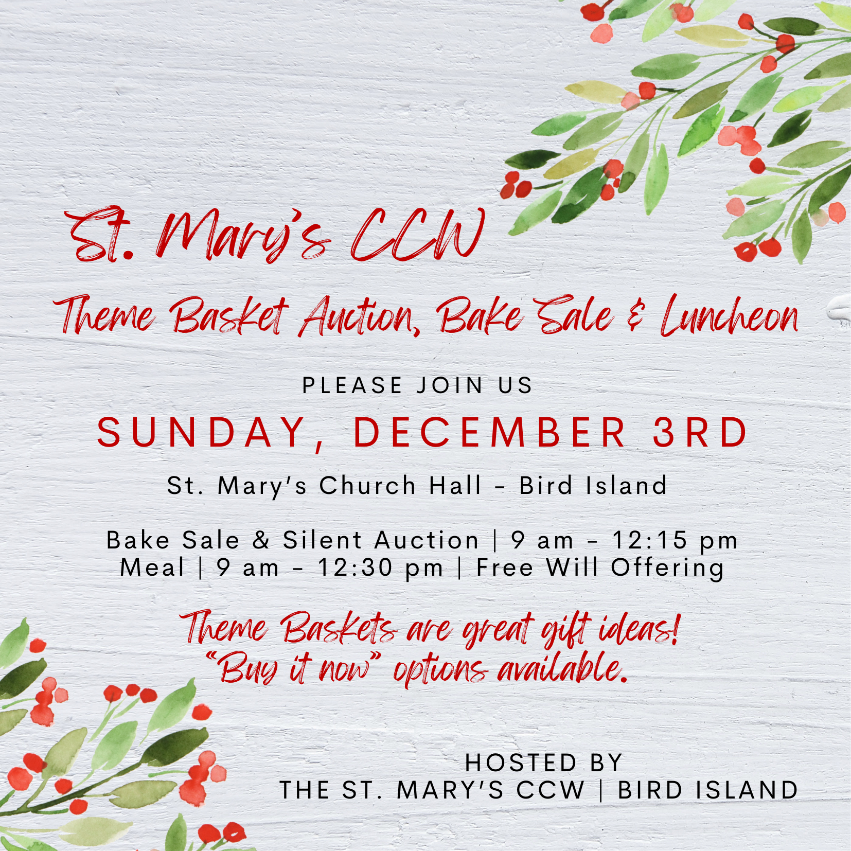 <h1 class="tribe-events-single-event-title">St. Mary’s CCW Theme Basket Auction, Bake Sale & Luncheon</h1>